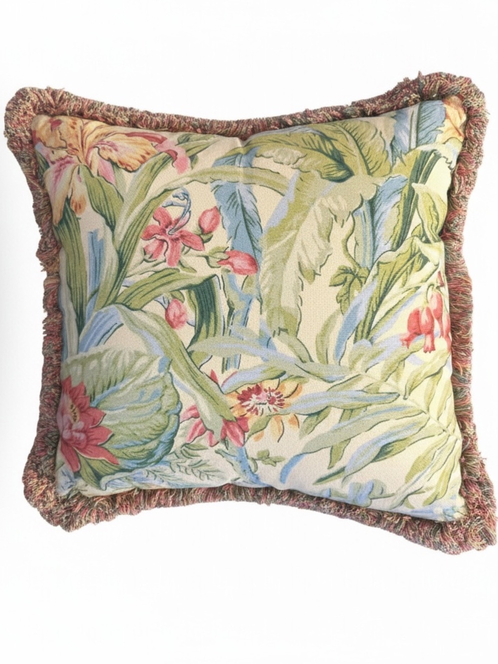 Yellow Floral Print Throw Pillow 16" Fringe Trim Vibrant Colorful EXCELLENT